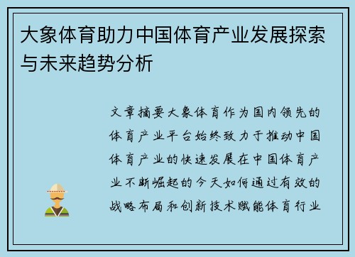 大象体育助力中国体育产业发展探索与未来趋势分析